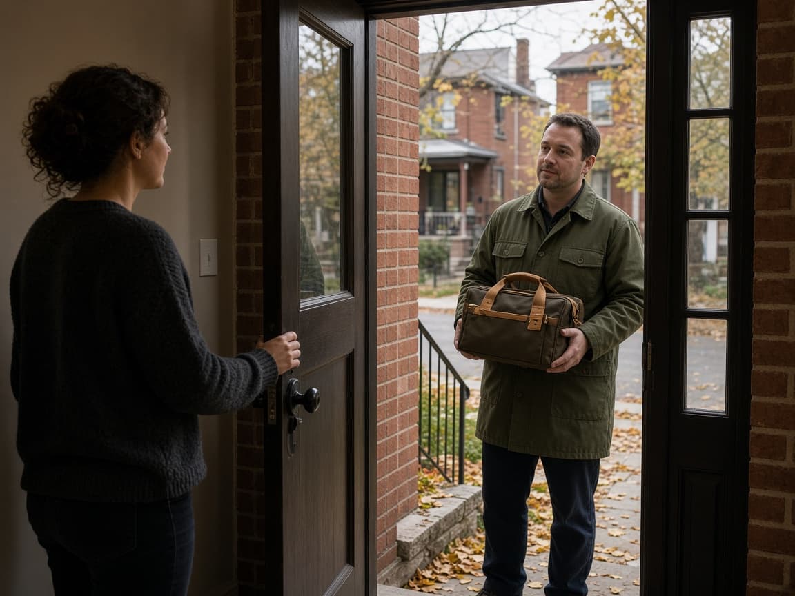 A technician arriving at a house with a closed kit