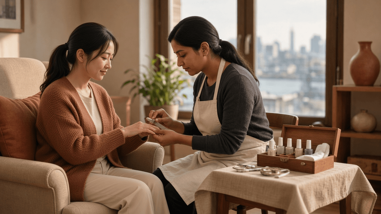 A technician working on a manicure in a living room