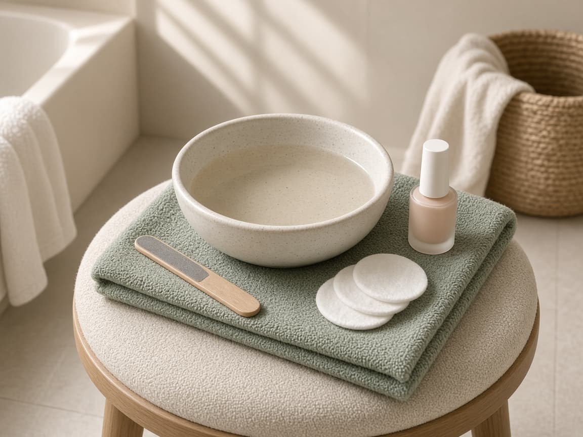 A home pedicure setup with a towel, basin, and file