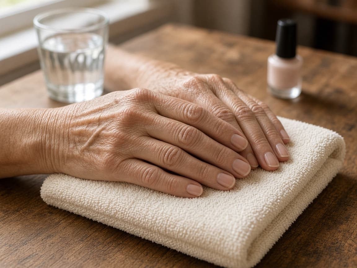 A finished natural manicure on a folded towel